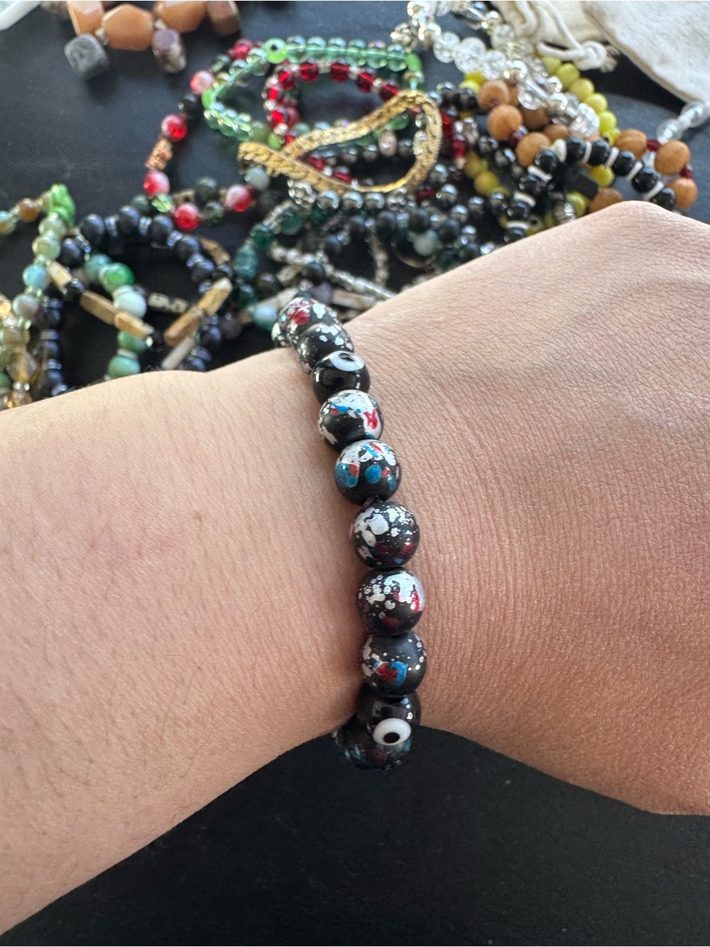 Handmade Black Glass Bead Bracelet with Multicolor Speckle - Unbranded